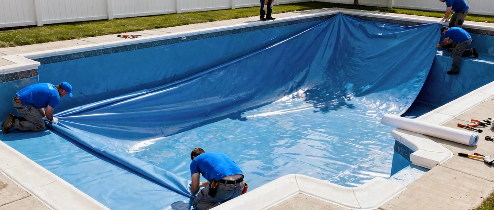 Vinyl pool liner installers at work on a Raleigh, NC inground pool